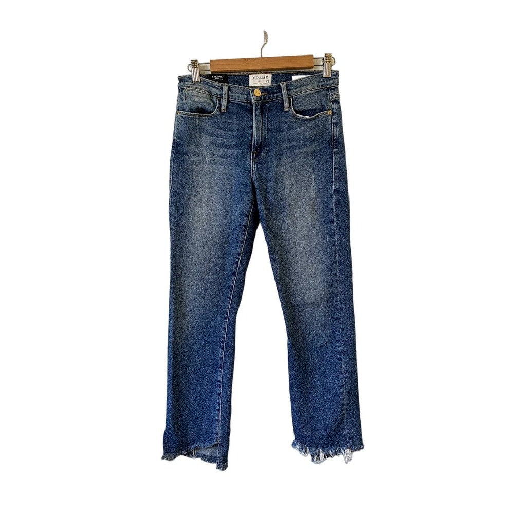 NWT Frame Denim Le High Straight Beckett Jeans Barneys NY Blue Raw Hem